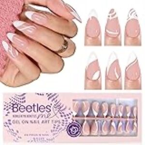 Beetles 210 Medium Almond Nude White French Mix White Liner Art Press On Nails